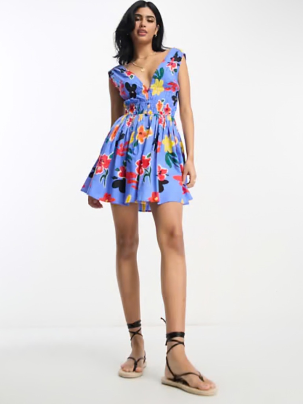 ASOS Blue Floral V-Neck Mini Dress - Picture 3 of 6